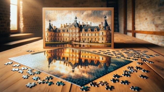 Sinnbild Loireschloss als individuelles Fotopuzzle, auf Holztisch